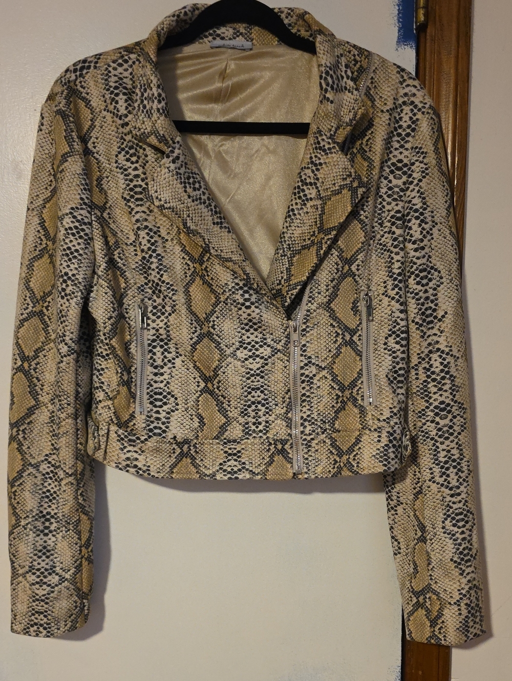 white birch Snake-Print Faux Leather Moto Jacket - Beige & Black